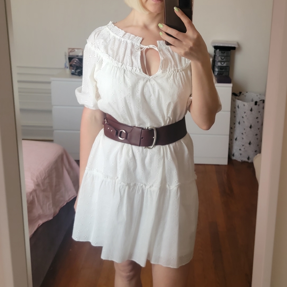 Cotton White Embroidery Puff Sleeves Mini Summer Dress, Size Medium
